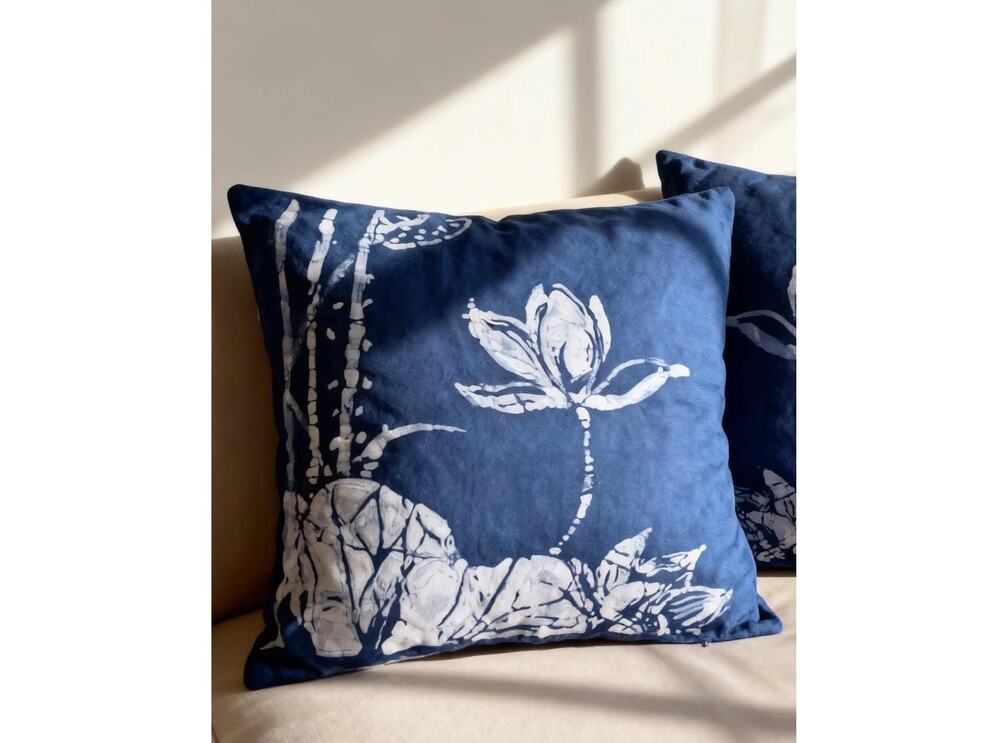 Handmade Lotus Pillow Cover | Indigo Batik Throw Pillow Cover